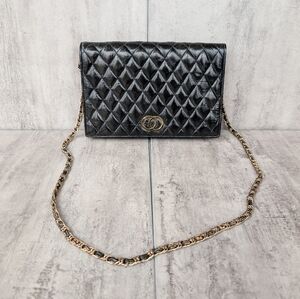 Vintage Eel Skin Black and Gold Tone Quilted Crossbody Purse